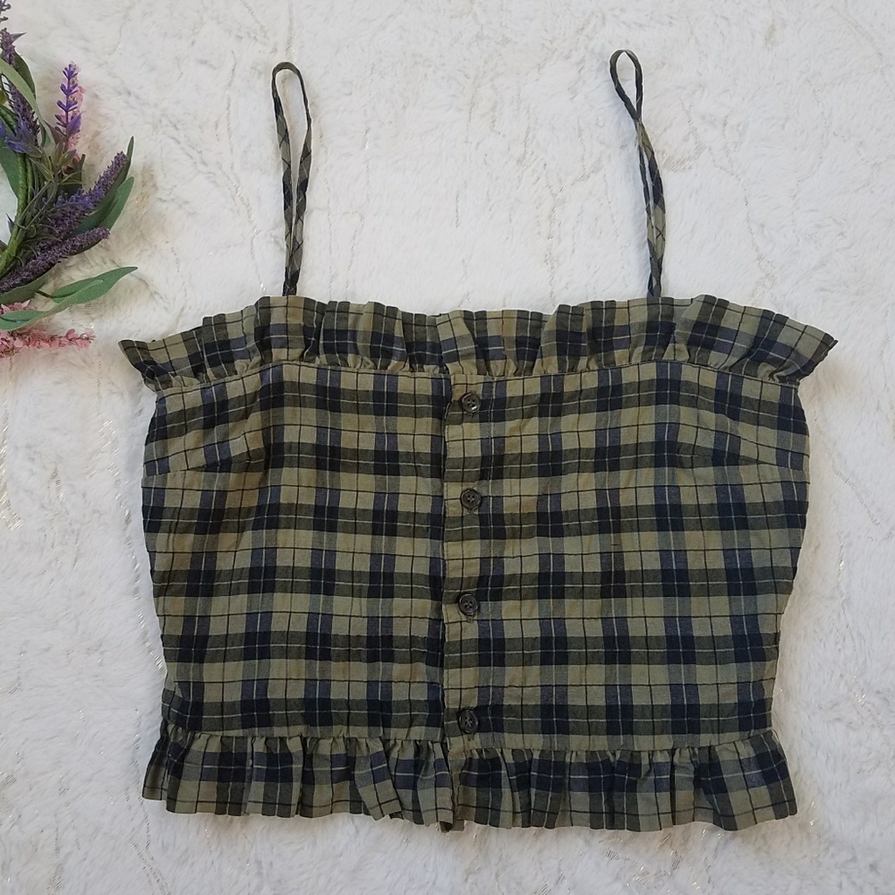 Ganni Plaid Crop Top in Yellow and Black